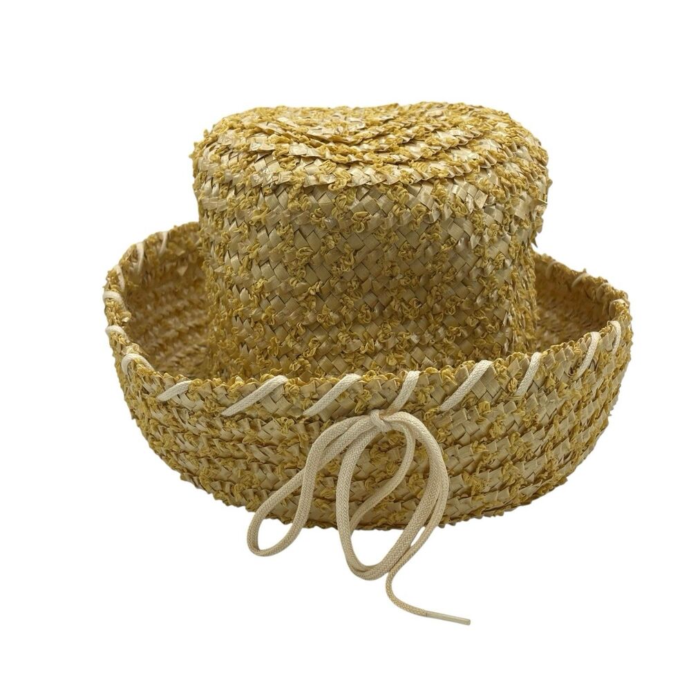 Vintage Marshall Field Straw Hat Beige Rolled Brim Bow Classic Church Union Made